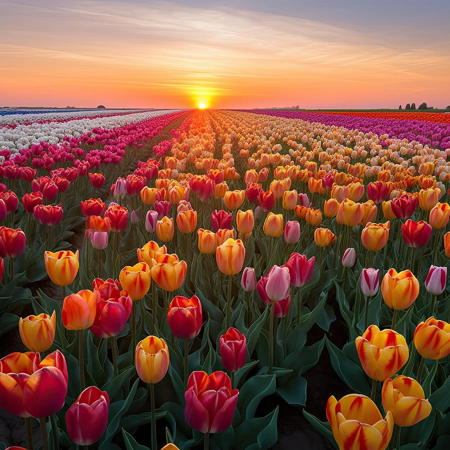 Sunset Digital Art - Tulips Field at Sunset II by Lily Malor