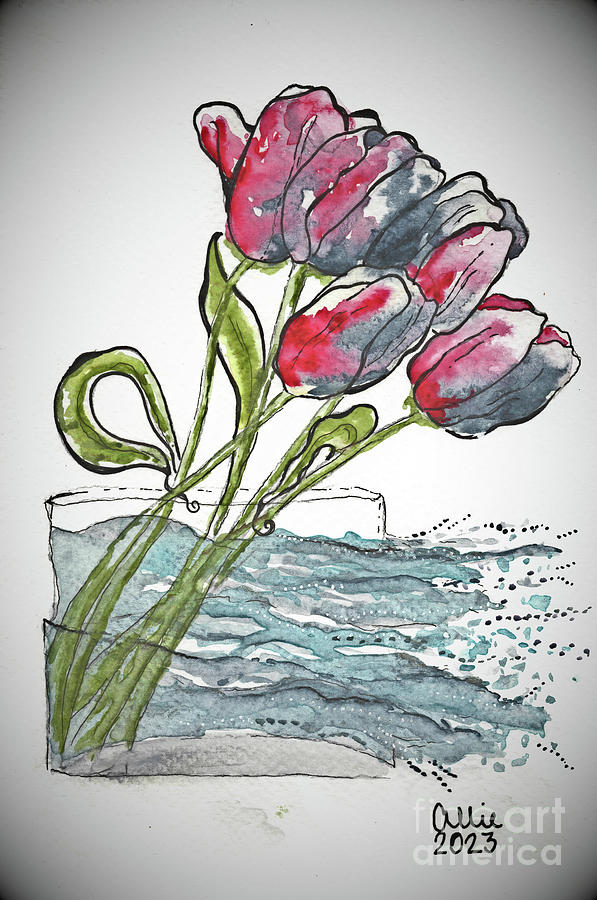 Tulips in a Shattered Vase Painting by Allie Lily