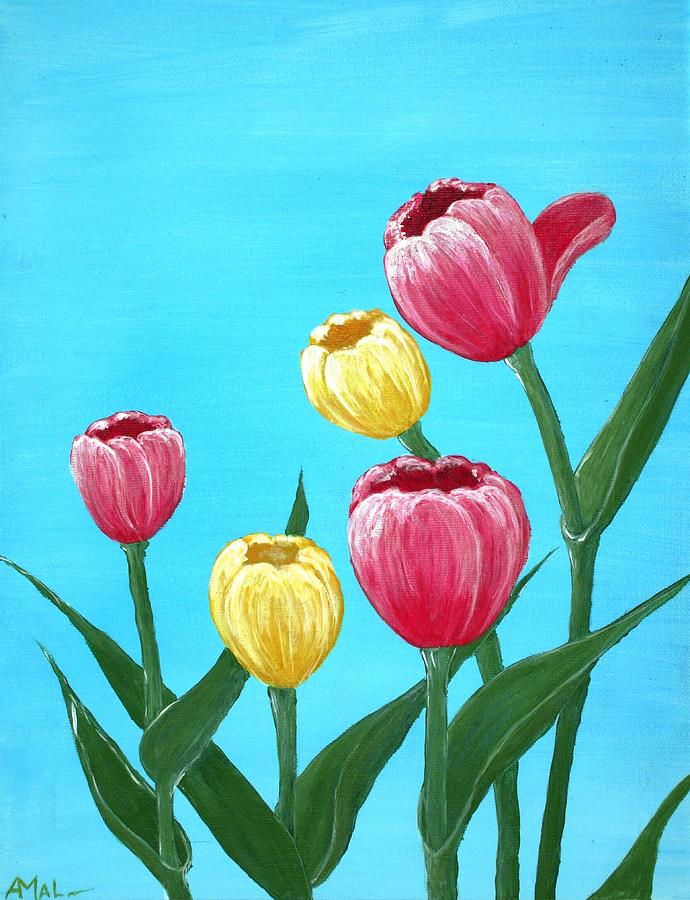 Tulips in Blue Painting by Anastasiya Malakhova