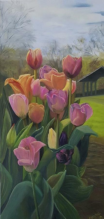Tulips in the Park Painting by Connie Rish