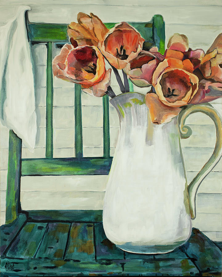 Tulips on Chair  Painting by Debbie Brown