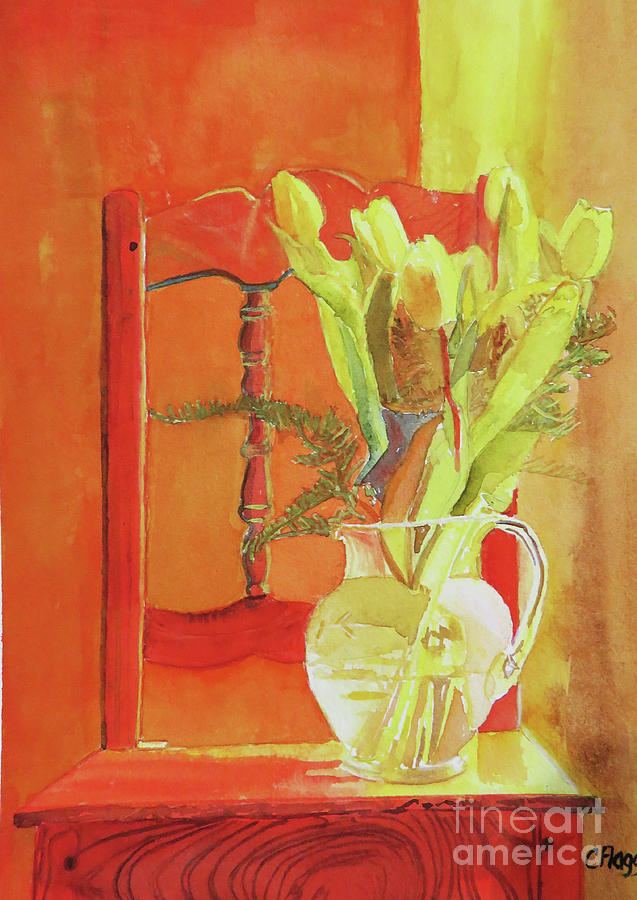 Tulips on Red Chair Painting by Carol Flagg