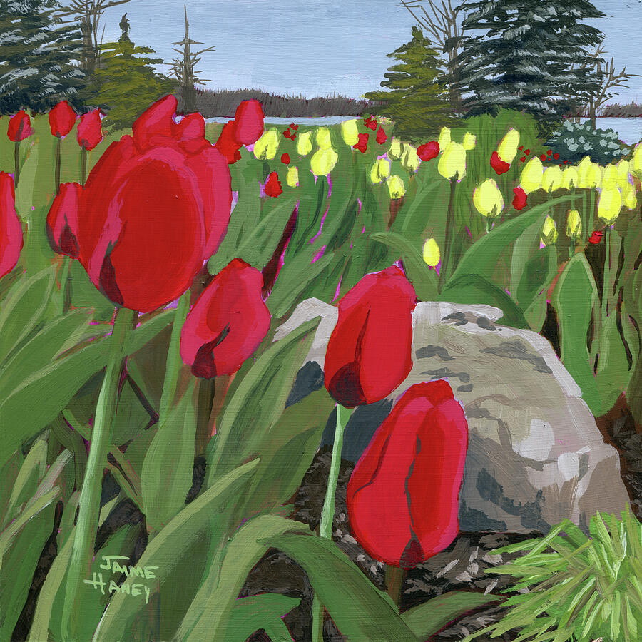 Tulips on the Ohio River landscape painting Painting by Jaime Haney