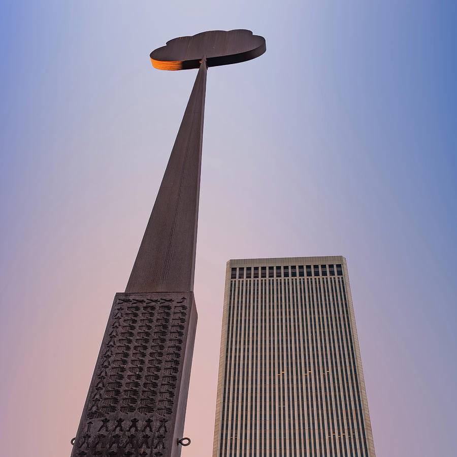 Tulsa Artificial Cloud Sculpture and BOK Tower Skyscraper 1x1 Photograph by Gregory Ballos