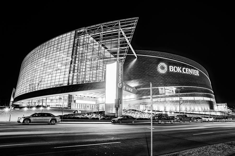 Tulsa BOK Center Arena At Night - Black and White Photograph by Gregory Ballos