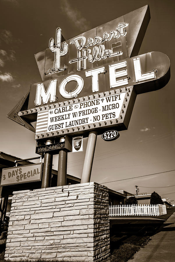 America Photograph - Tulsa Desert Hills Motel Route 66 Wall Art - Sepia by Gregory Ballos