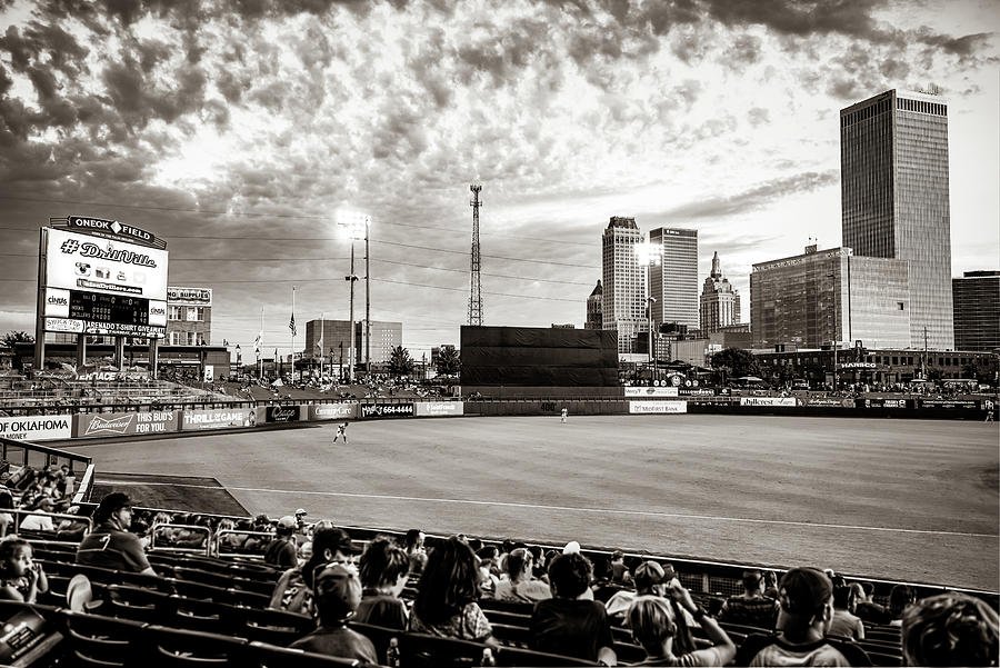 Tulsa Drillers Oneok Stadium And City Skyline View - Sepia Photograph