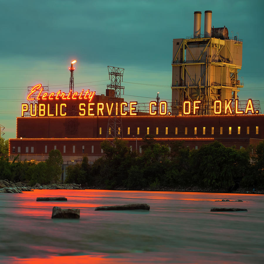 Tulsa Electric Neon Lights on The Arkansas River 1x1 Photograph by Gregory Ballos