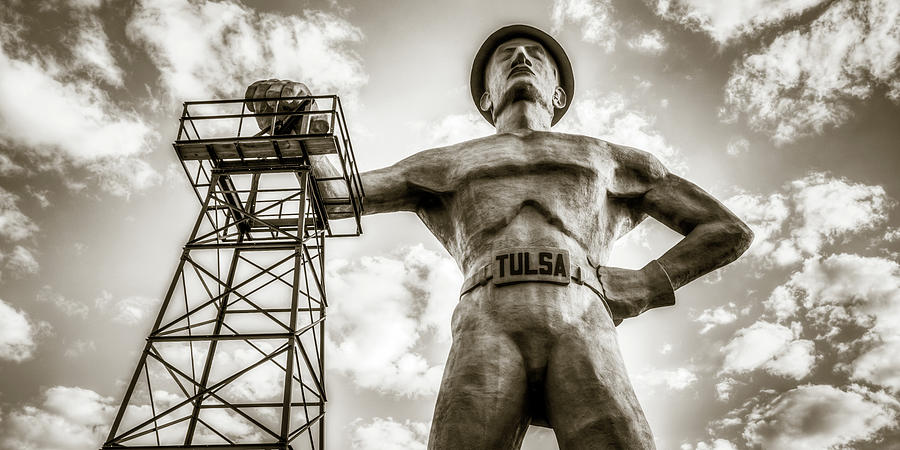 Tulsa Golden Driller In The Clouds Panorama - Sepia Edition Photograph