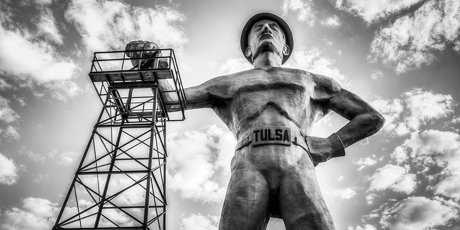 Tulsa Golden Driller In The Sky Panorama - Black And White Photograph