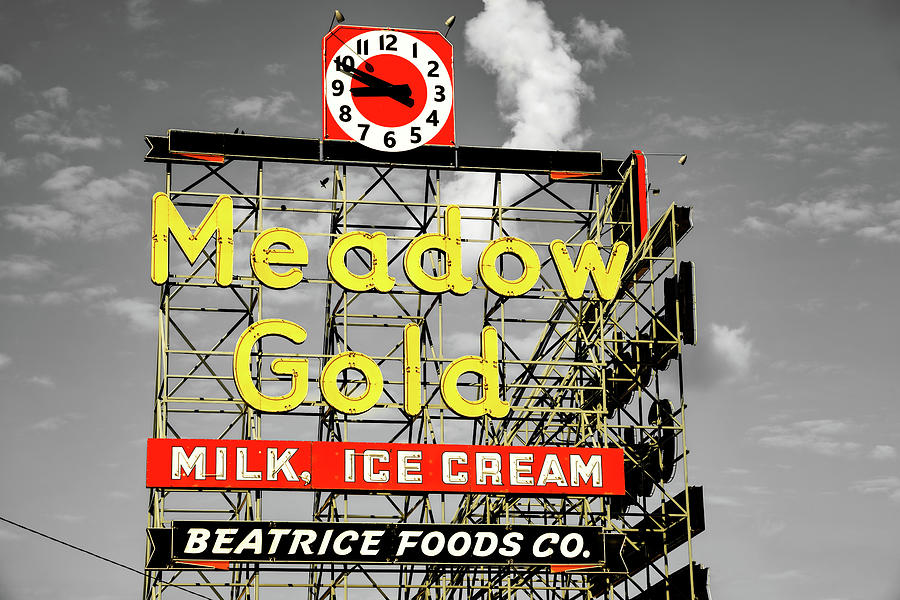 Tulsa Meadow Gold Sign - Selective Color Photograph by Gregory Ballos