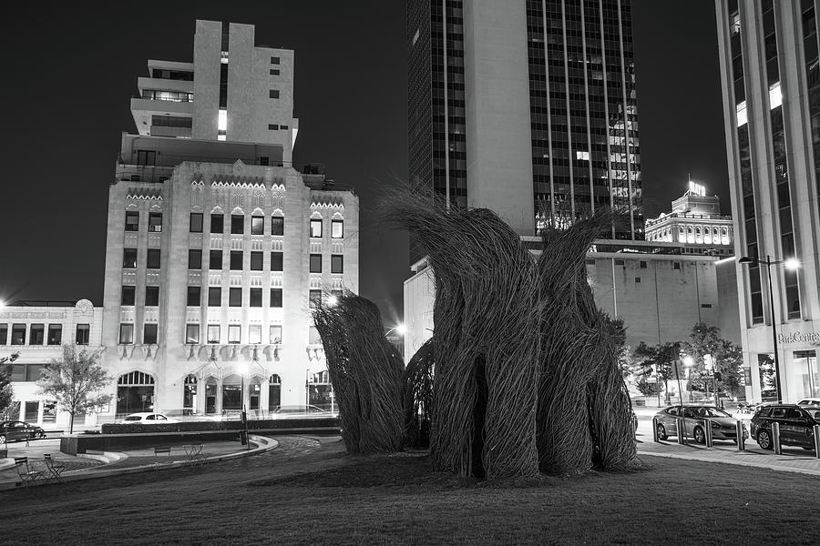 Black And White Photograph - Tulsa Oklahoma Downtown Architecture and Prairie Schooners Stickwork - Black and White by Gregory Ballos