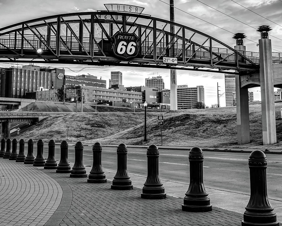 Tulsa Oklahoma Route 66 Cyrus Avery Plaza at Sunrise - Black and White Photograph by Gregory Ballos