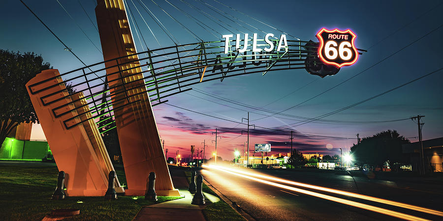 Tulsa Oklahoma Route 66 Western Gateway And Light Trails Panorama Photograph by Gregory Ballos