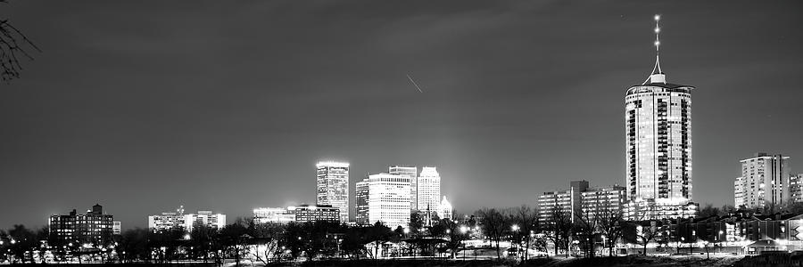 Tulsa Oklahoma University Tower and City Skyline Panorama - Black and White Photograph by Gregory Ballos