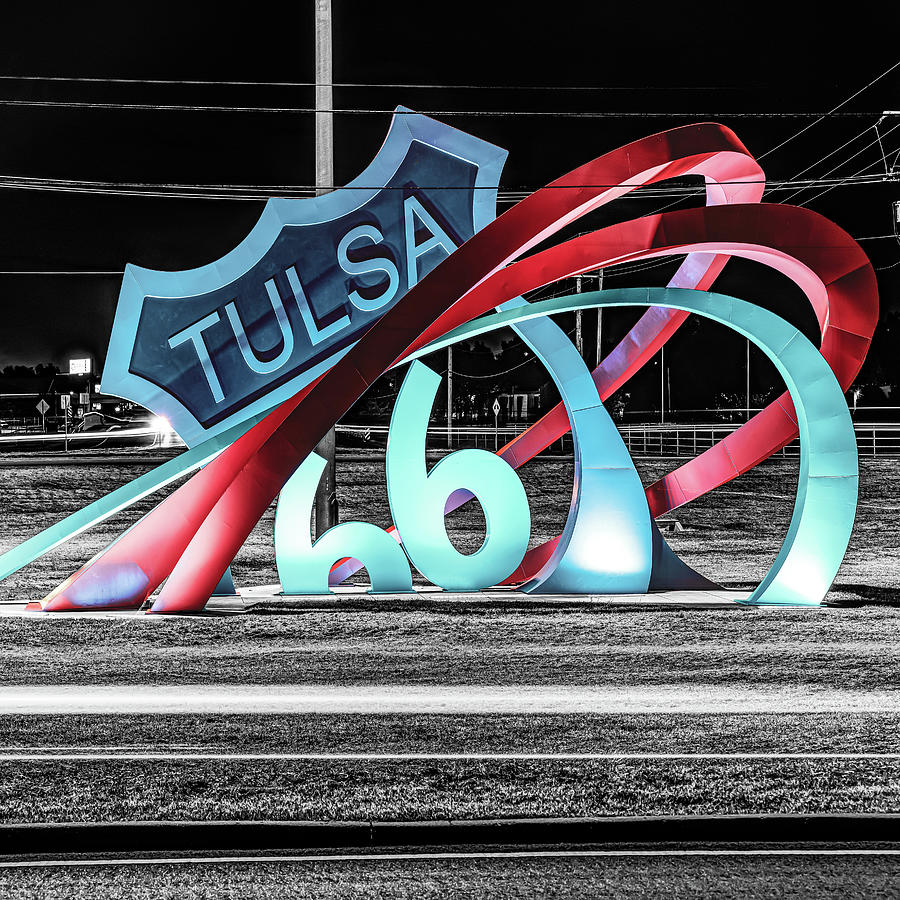 Tulsa Oklahomas Route 66 Rising Landmark Sculpture in Selective Color 1x1 Photograph by Gregory Ballos
