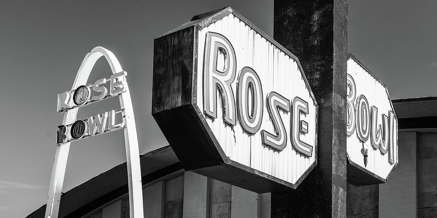 Black And White Photograph - Tulsa Rose Bowl on Route 66 - Monochrome Panorama by Gregory Ballos