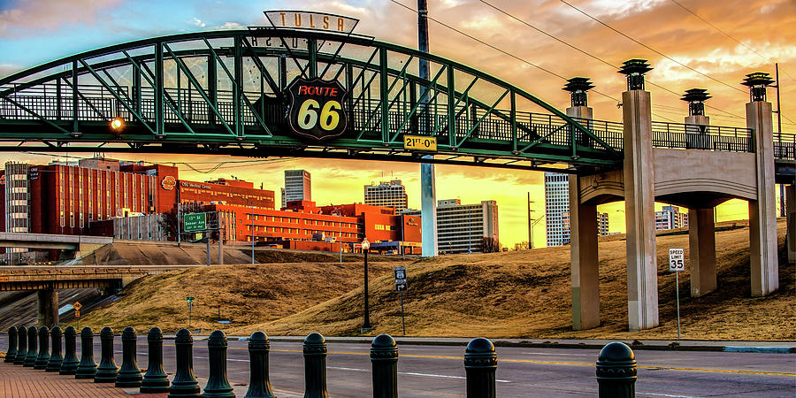 Tulsa Skyline Photograph - Tulsa Route 66 Avery Plaza Bridge Sunrise Panorama by Gregory Ballos