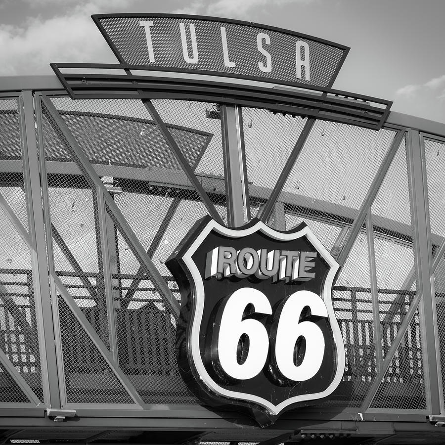 Tulsa Route 66 Cyrus Avery Plaza Bridge In Black And White Photograph by Gregory Ballos