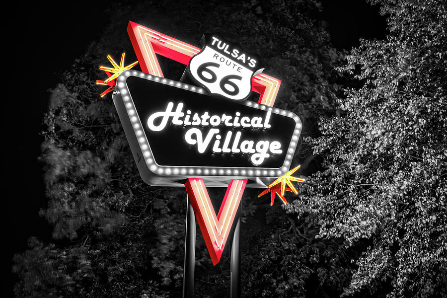 Tulsa Route 66 Historical Village Neon Sign - Selective Color Photograph by Gregory Ballos