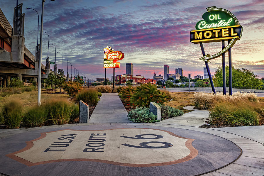 Tulsa Route 66 Neon Sign Park And Tulsa Skyline At Sunrise Photograph by Gregory Ballos