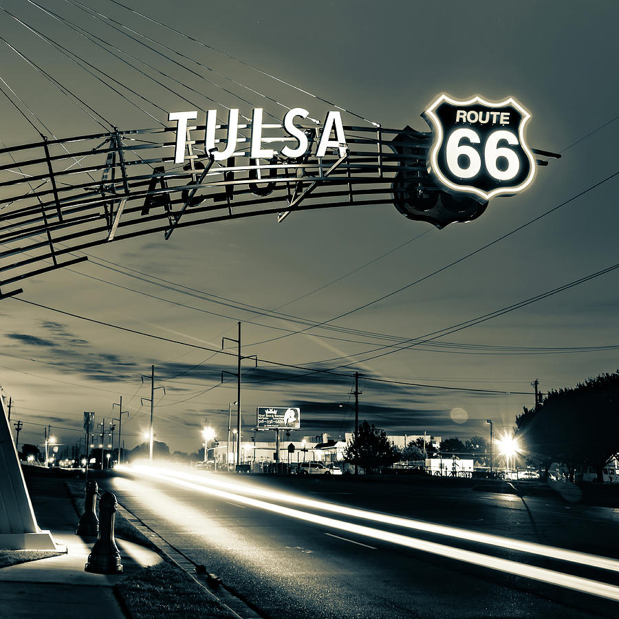 Tulsa Western Gateway Arch Along The Mother Road Route 66 In Sepia Photograph by Gregory Ballos