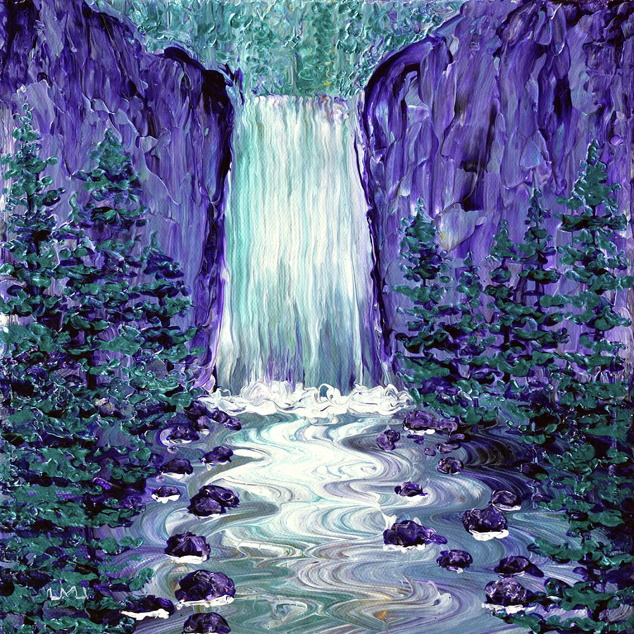 Tumalo Falls in Purple and Teal Painting by Laura Iverson