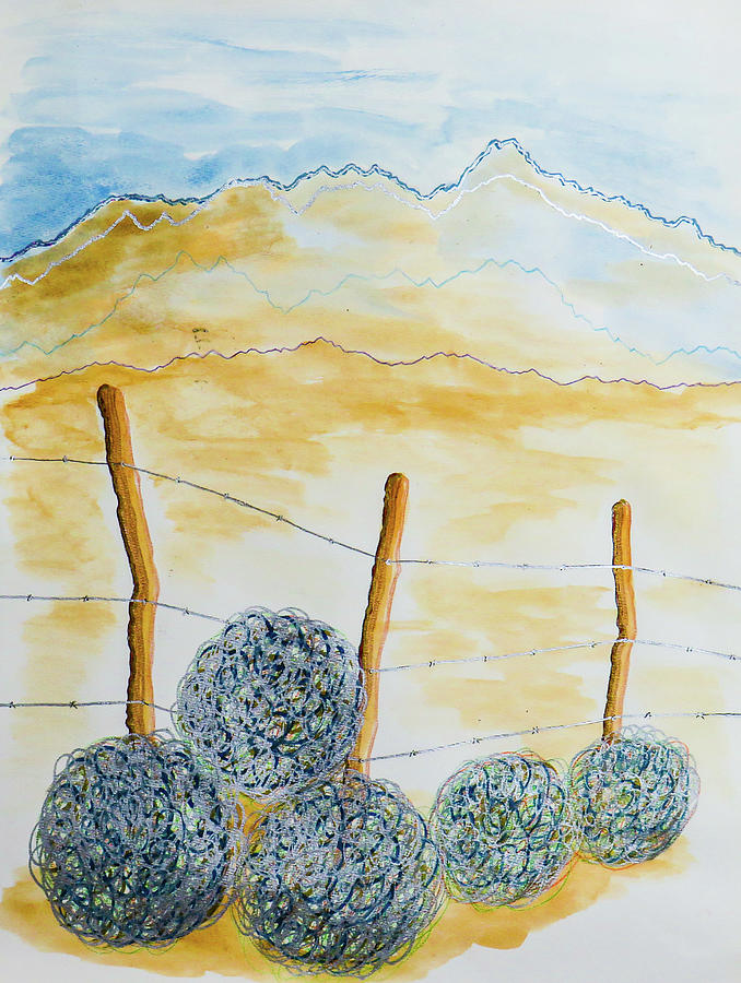 Tumbleweeds and Fence 3 Painting by Ted Clifton