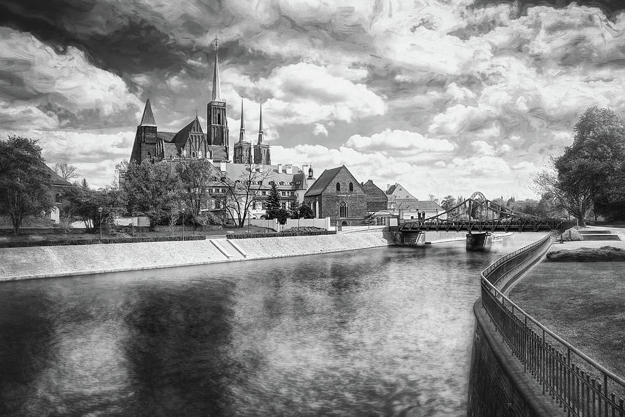 Tumski Bridge and Oder River Wroclaw Poland Black and White  Photograph by Carol Japp