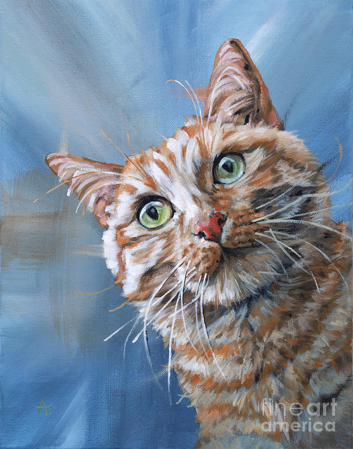 Tuna Time - Orange Cat Painting on Blue Painting by Annie Troe