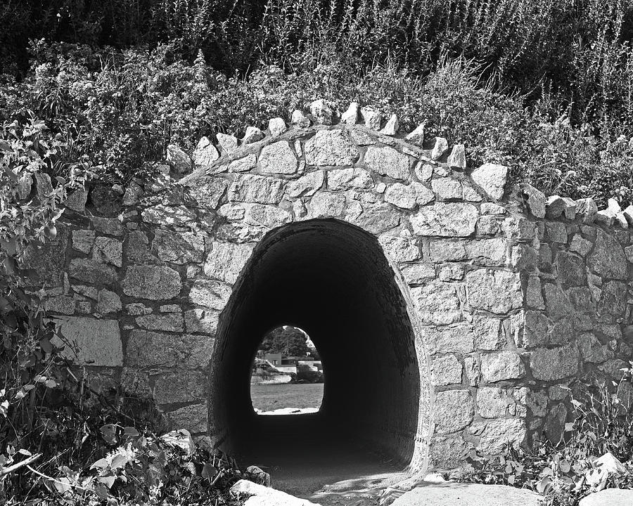 Tunnel to the sea Newport RI Cliff Walk Black and White Photograph by Toby McGuire
