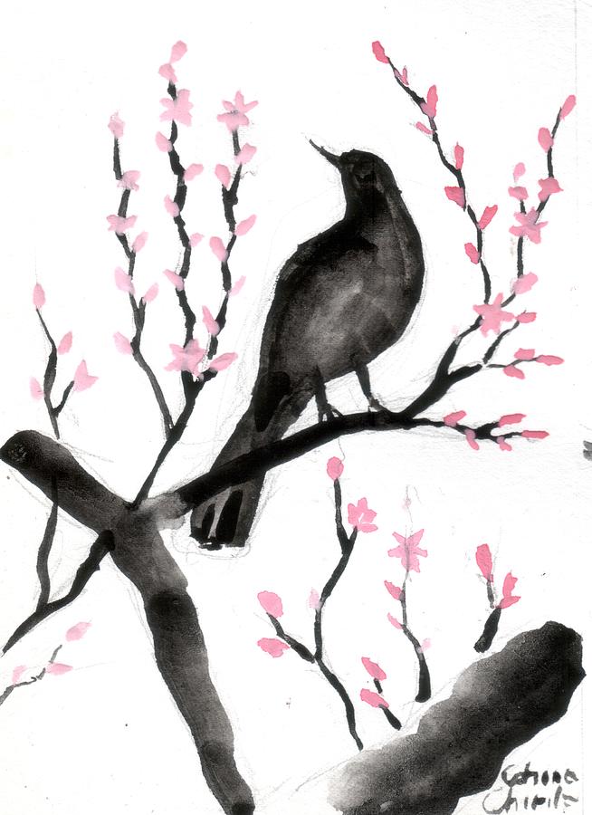 Blackbird Painting - Turdus merula  blackbird in a blooming tree by Chirila Corina