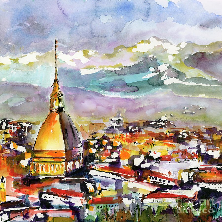 Turin Italy Piedmont region City Watercolors  Painting by Ginette Callaway