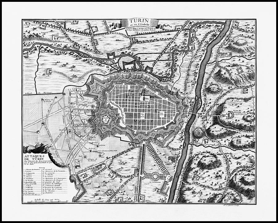 Vintage Photograph - Turin Italy Vintage Historical Map 1706 Black and White  by Carol Japp
