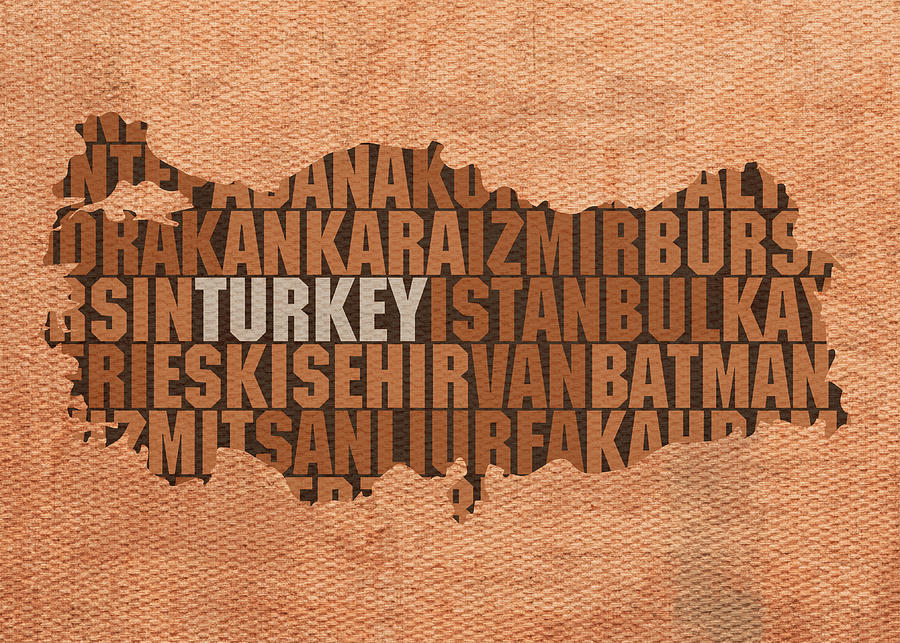 Turkey Country Word Map Typography On Distressed Canvas Mixed Media by ...