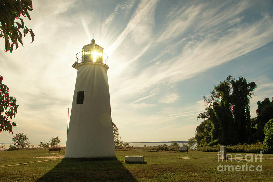 Lighthouse Photograph - Turkey Point Lighthouse with Sun Flare Horizontal Coastal Landscape Photo by PIPA Fine Art - Simply Solid