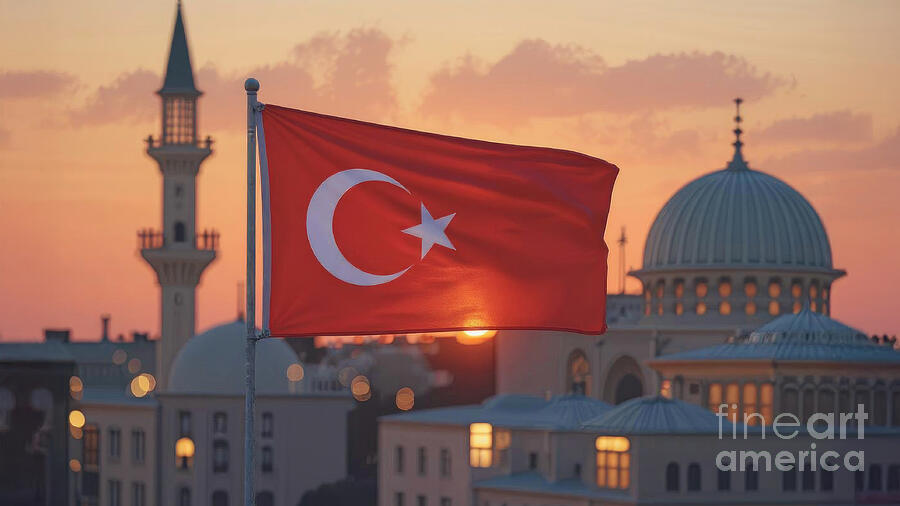 Turkish flag waving at sunset in front of mosque Digital Art by Benny Marty Turkish flag waving at sunset in front of mosque Digital Art by Benny Marty