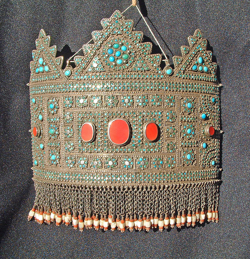 Silver Crown Jewelry - Turkoman silver head crown ornament with turquoise and carnelian decorations by Turkoman silversmith
