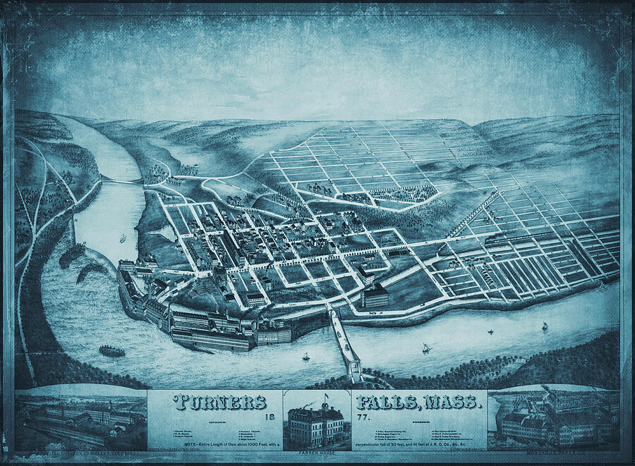 Turners Falls Massachusetts Vintage Map Birds Eye View 1877 Blue ...