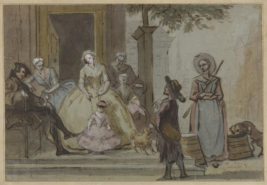Turntier player for a listening family on the sidewalk of a town hall, Cornelis Troost, 1706  Painting by MotionAge Designs