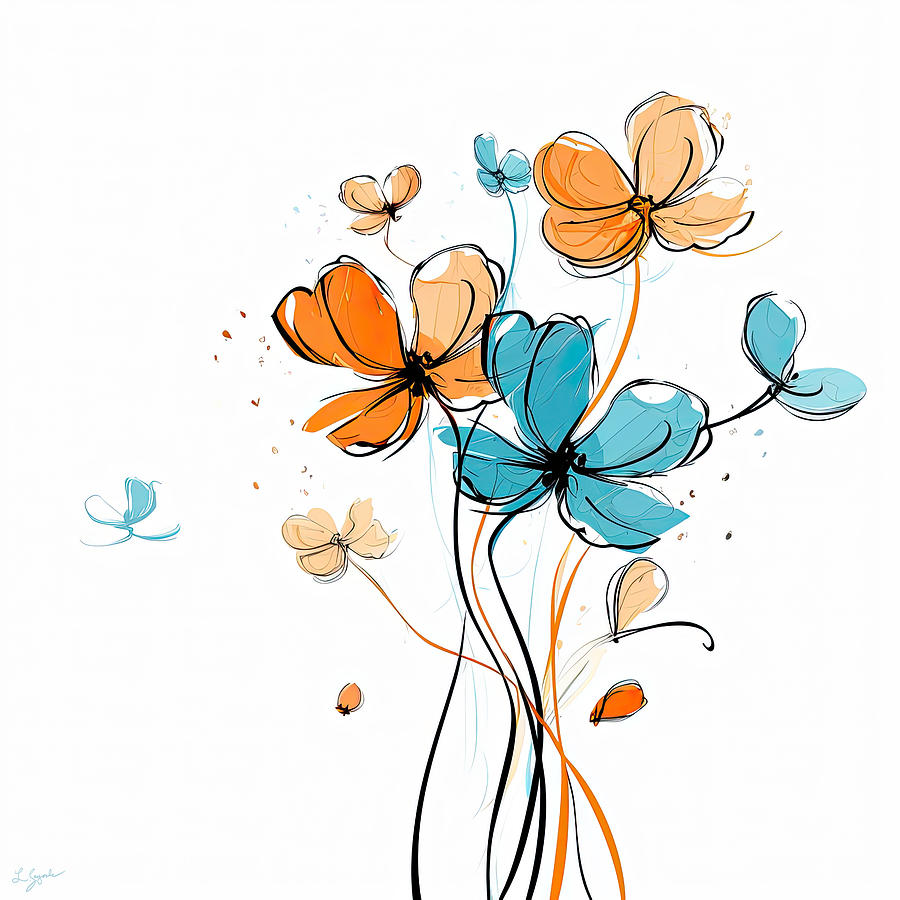 Turquoise And Orange Painting - Turquoise and Orange Blooms by Lourry Legarde
