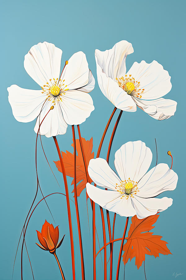 Turquoise And Orange Flowers Painting