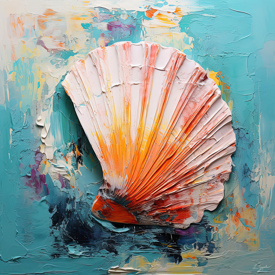 Turquoise and Orange Shell - Orange Color Paintings Painting by Lourry Legarde