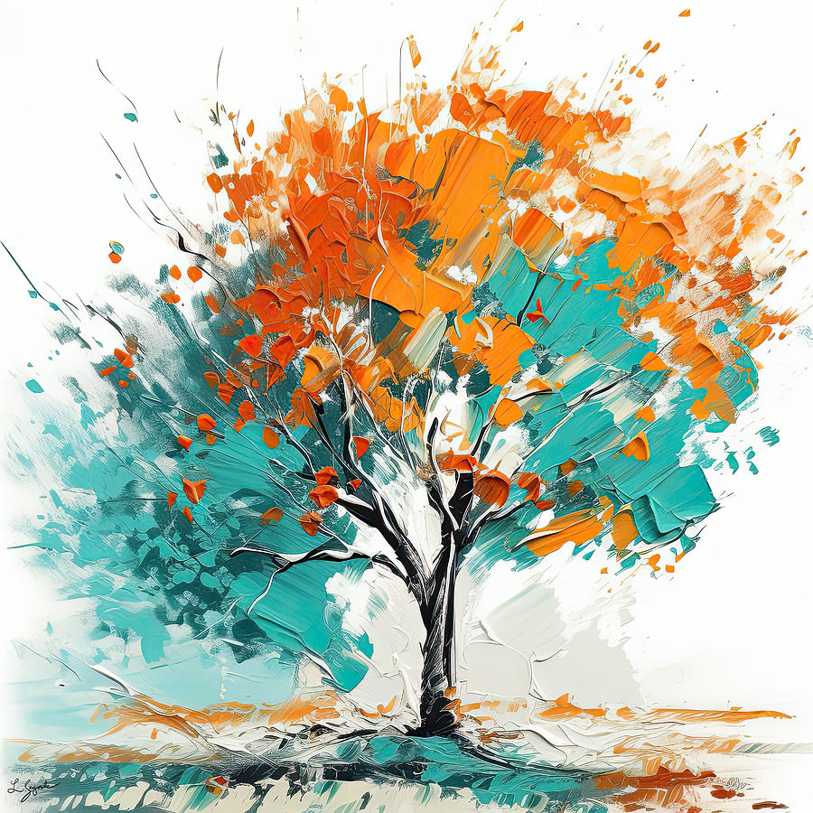 Turquoise and Orange Tree Art Painting by Lourry Legarde