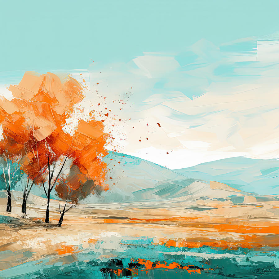 Turquoise and Orange Tree Landscape with Energetic Colors Painting by Lourry Legarde
