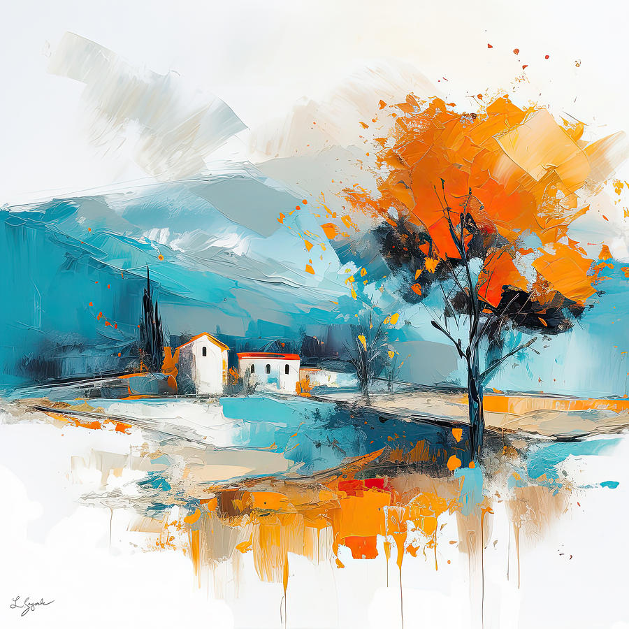 Turquoise and Orange Tuscan Landscapes - Modern Impressionist Art Painting by Lourry Legarde