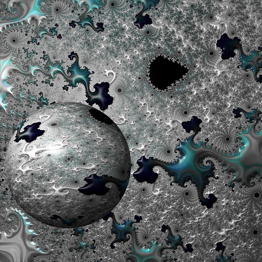 Pattern Digital Art - Turquoise and Silver Mandelbrot with Sphere by Yolanda Caporn