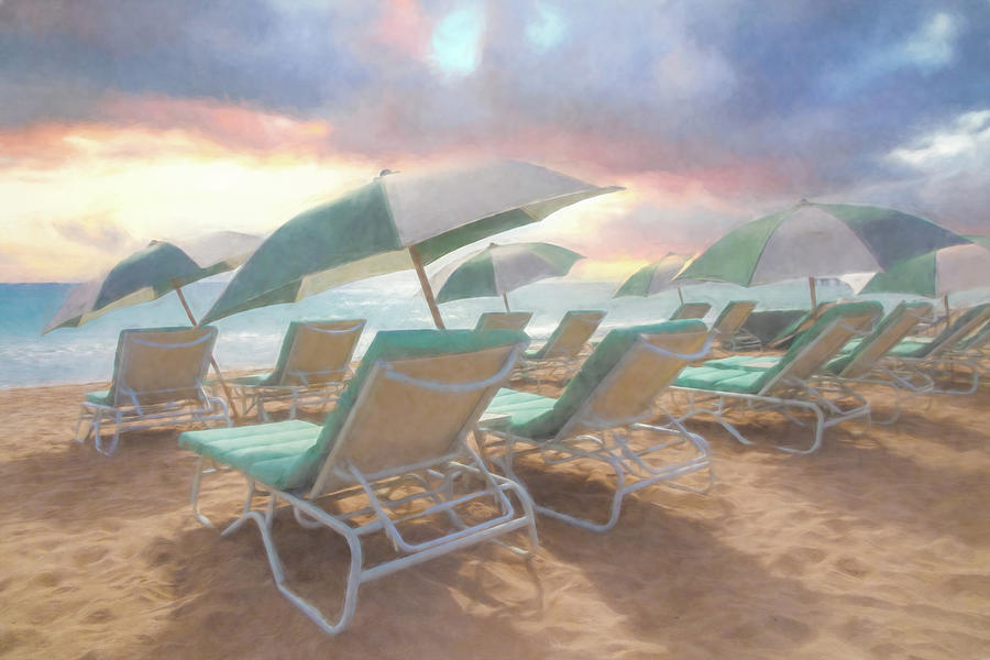 Turquoise and White Beach Umbrellas Watercolor Painting Photograph by Debra and Dave Vanderlaan