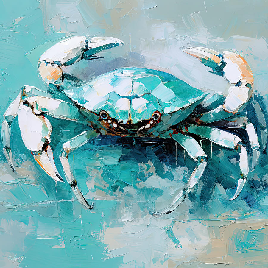 Turquoise and White Crab - Turquoise and White Art Painting by Lourry Legarde