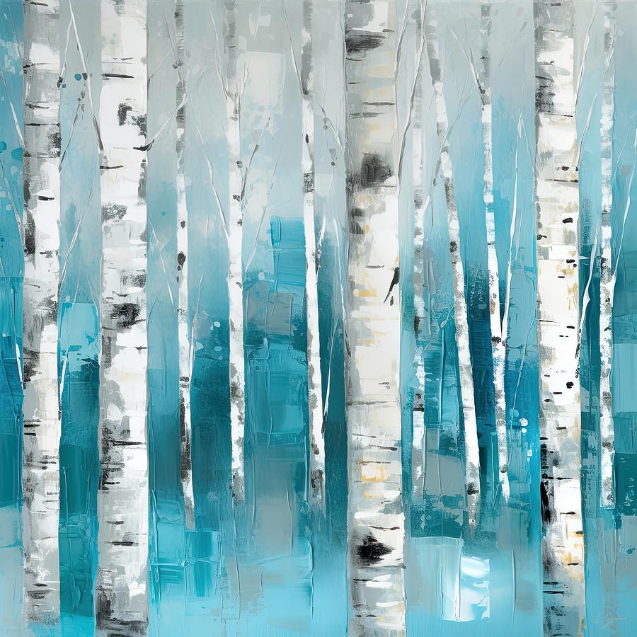 Turquoise Birch trees II- Turquoise Art Painting by Lourry Legarde